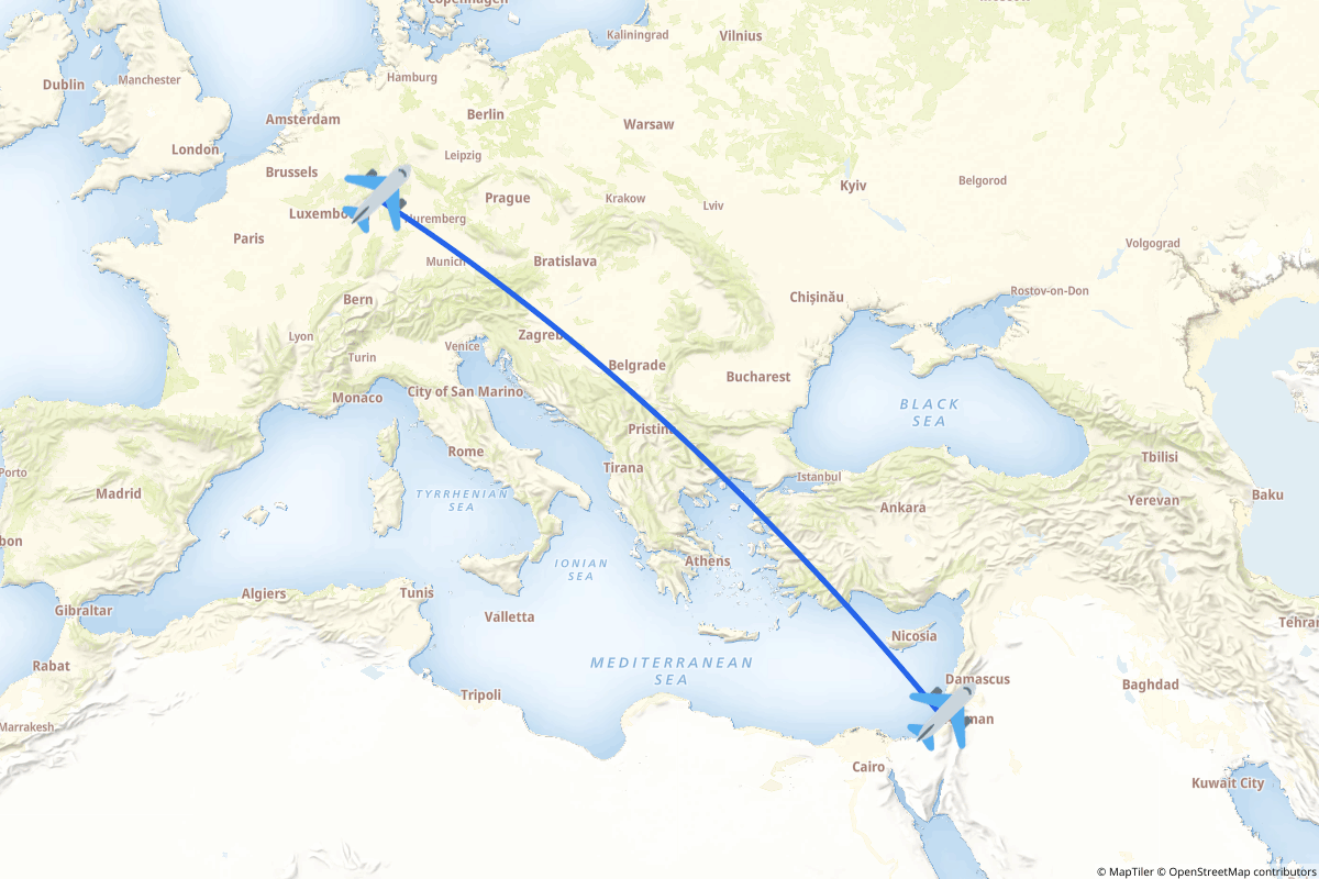 Map of the Frankfurt am Main to Tel Aviv route