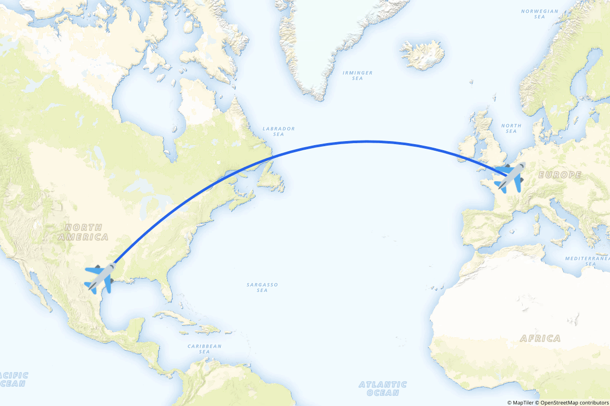 Map of the Austin to Paris (Roissy-en-France, Val-d'Oise) route