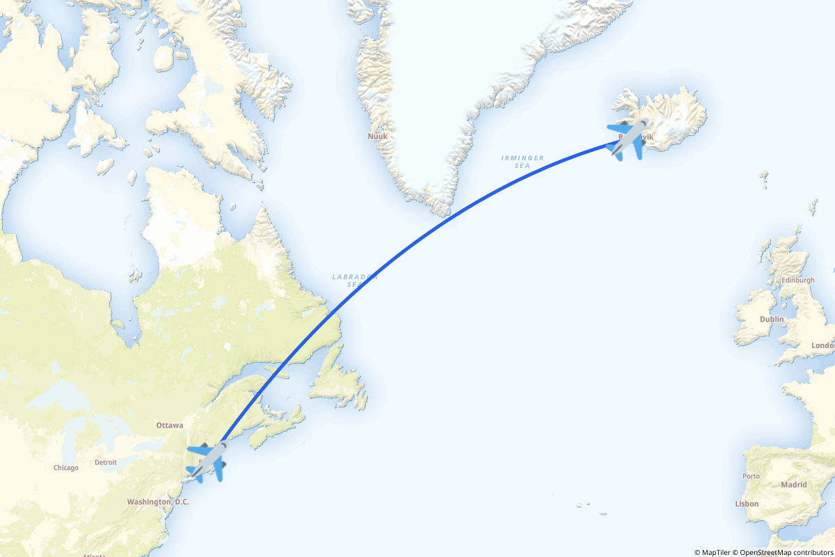 Map of the Boston to Reykjavík route