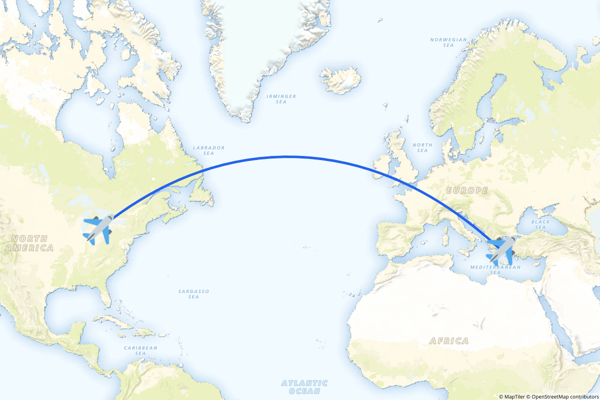 Map of the Detroit to Spata-Artemida route