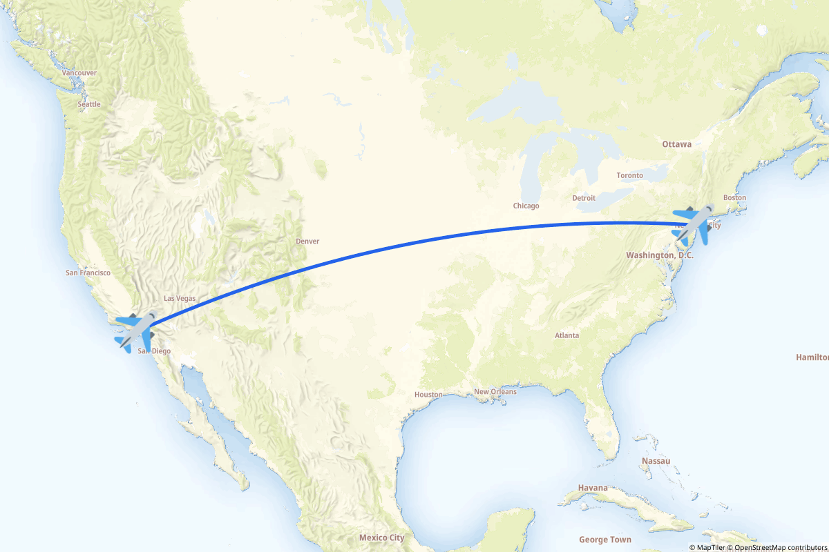 Map of the Newark to Los Angeles route