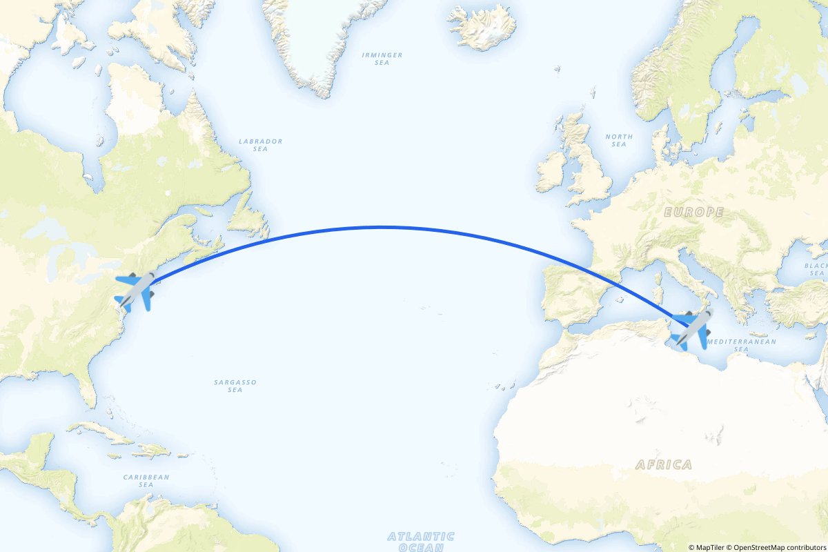 Map of the New York to Valletta route