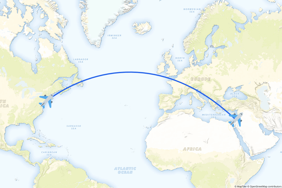 Map of the New York to Tel Aviv route