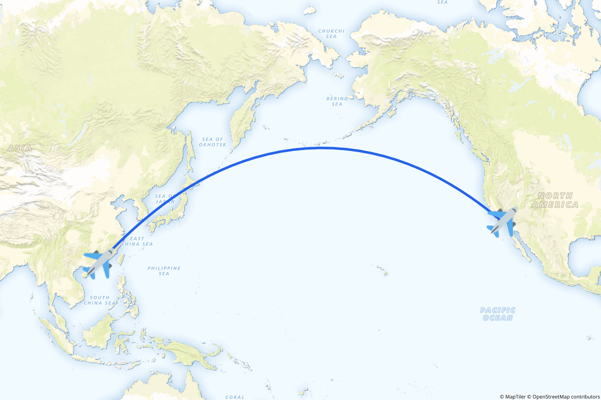 Map of the Los Angeles to Hong Kong route