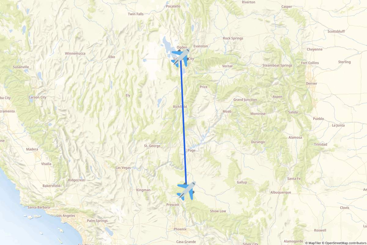 Map of the Salt Lake City to Flagstaff route