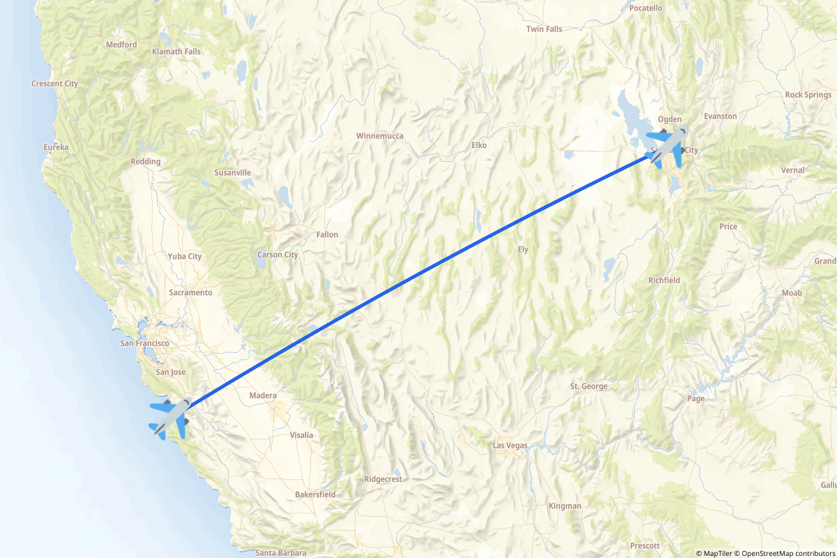Map of the Salt Lake City to Monterey route