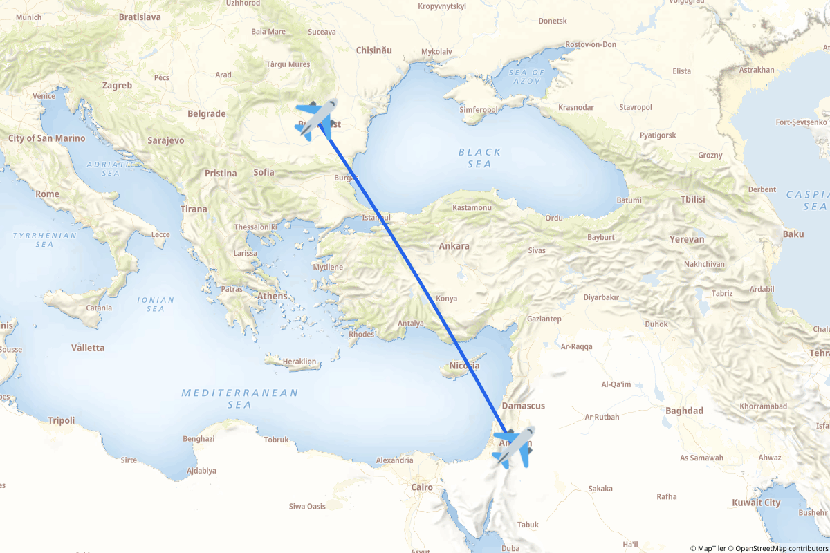 Map of the Otopeni to Amman route