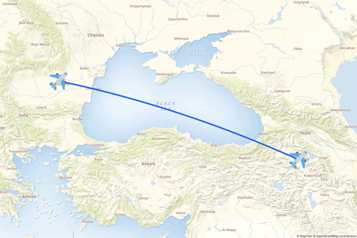 Map of the Otopeni to Yerevan route