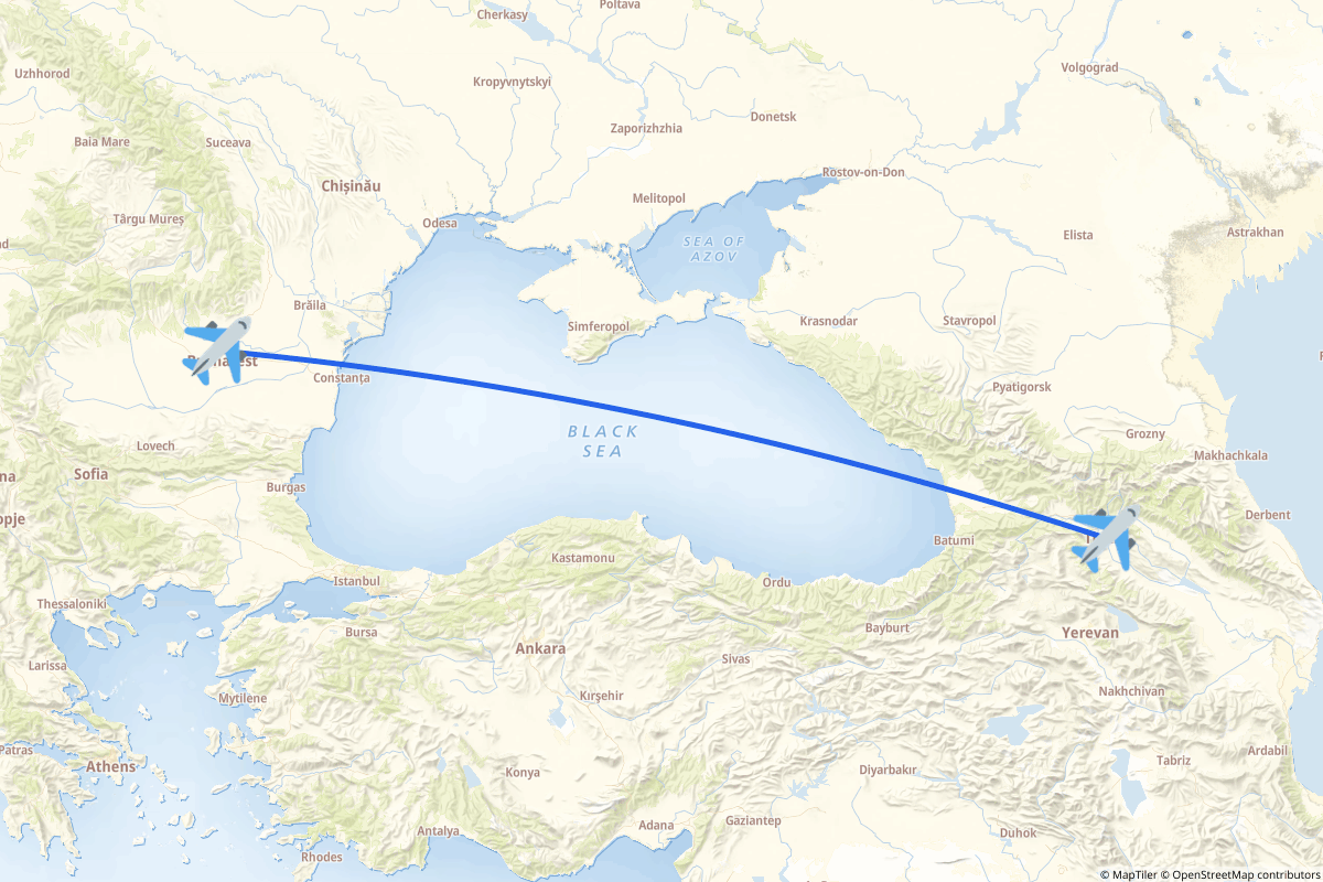Map of the Otopeni to Tbilisi route