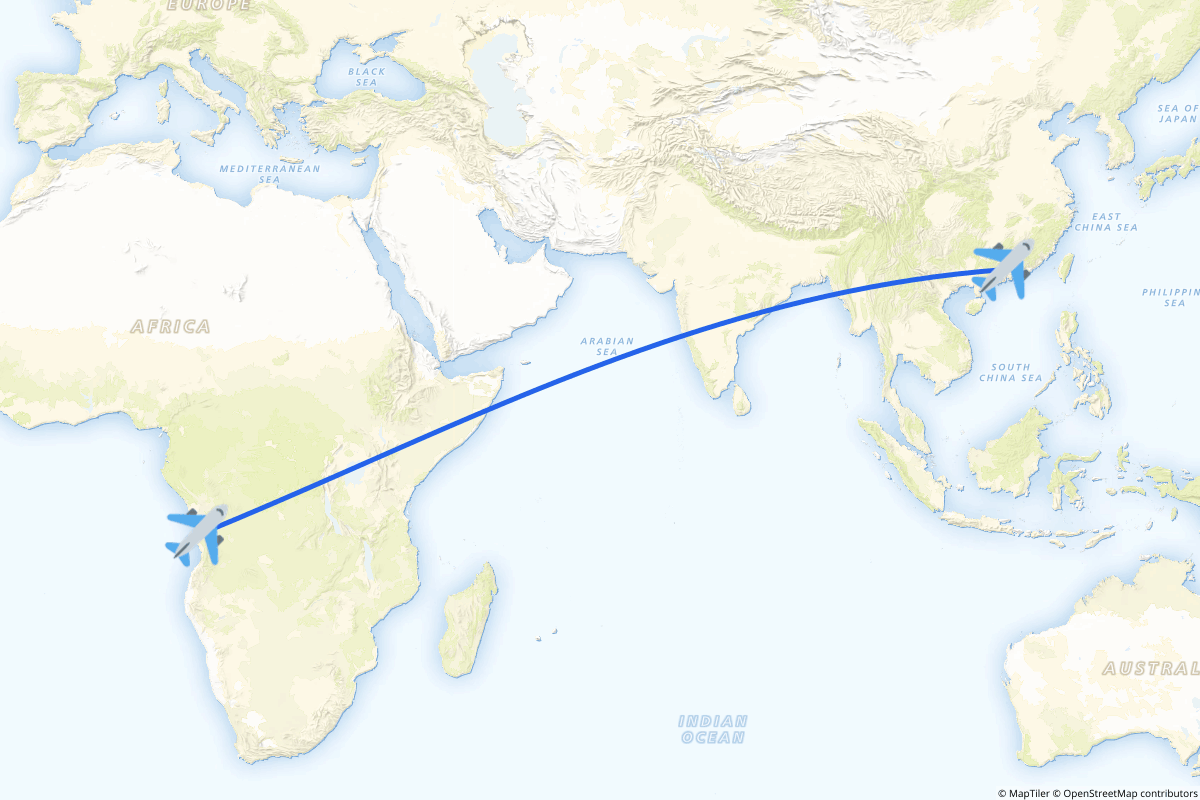 Map of the Luanda to Guangzhou (Huadu) route