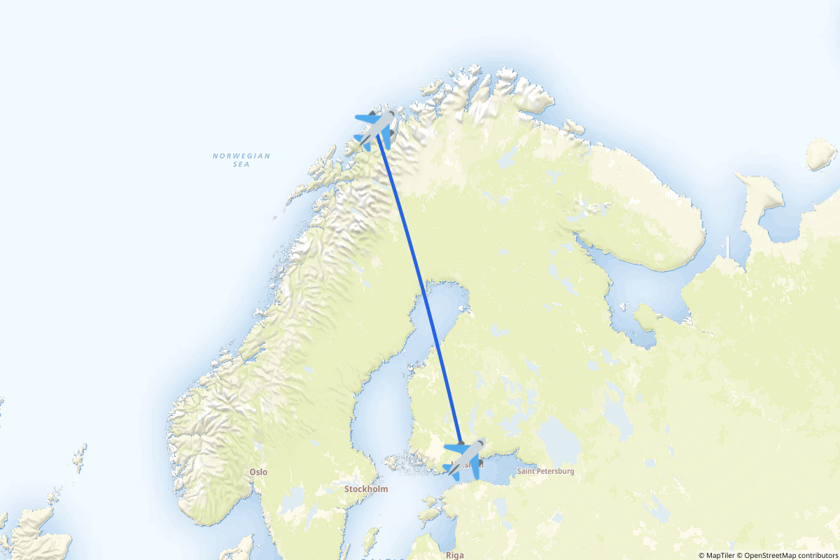 Map of the Tromsø to Helsinki (Vantaa) route