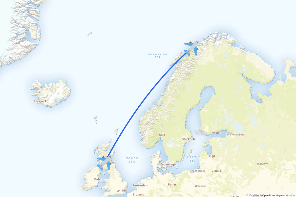 Map of the Tromsø to Glasgow route