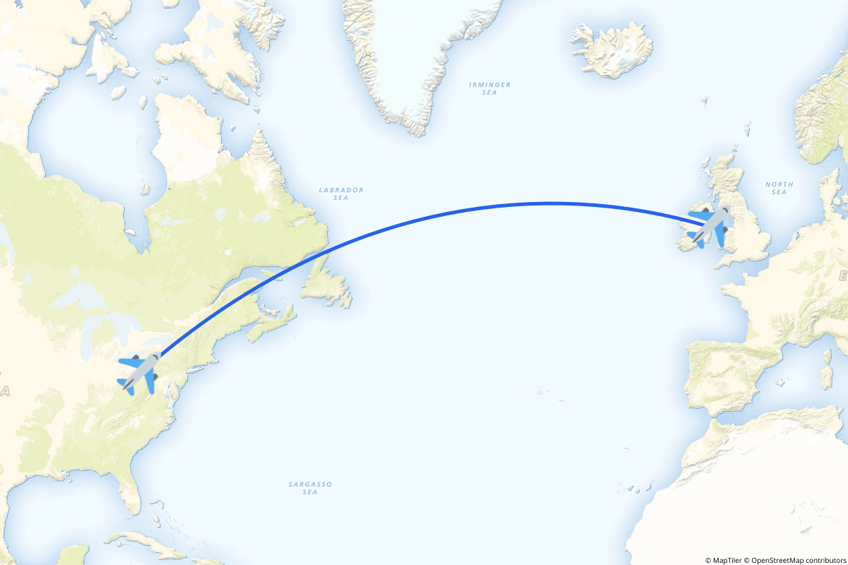 Map of the Dublin to Pittsburgh route