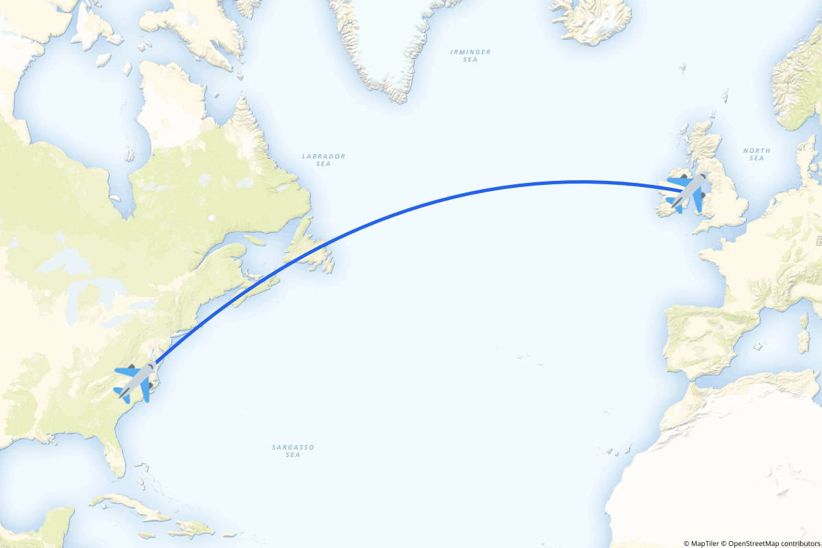 Map of the Dublin to Raleigh/Durham route
