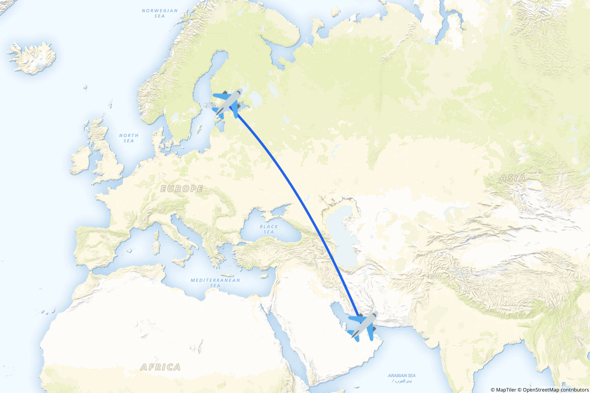 Map of the Dubai to Helsinki (Vantaa) route