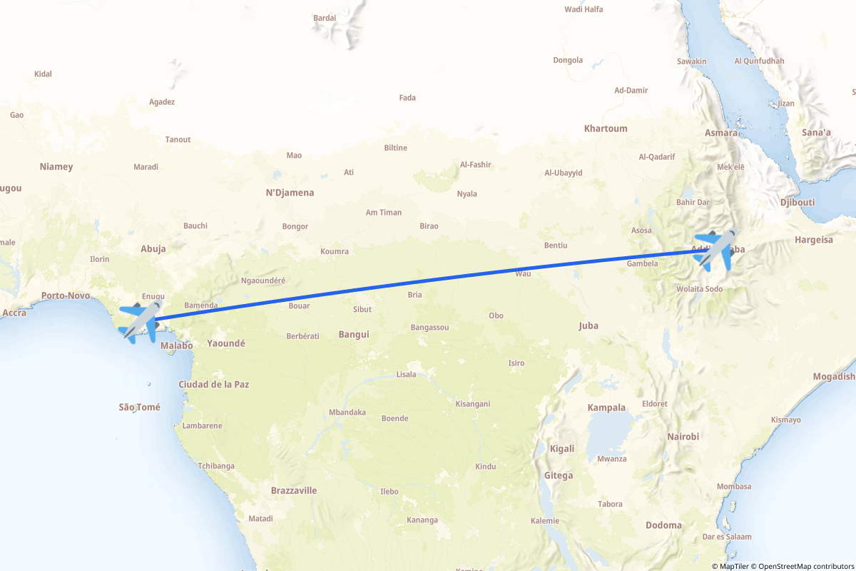 Map of the Addis Ababa to Port Harcourt route