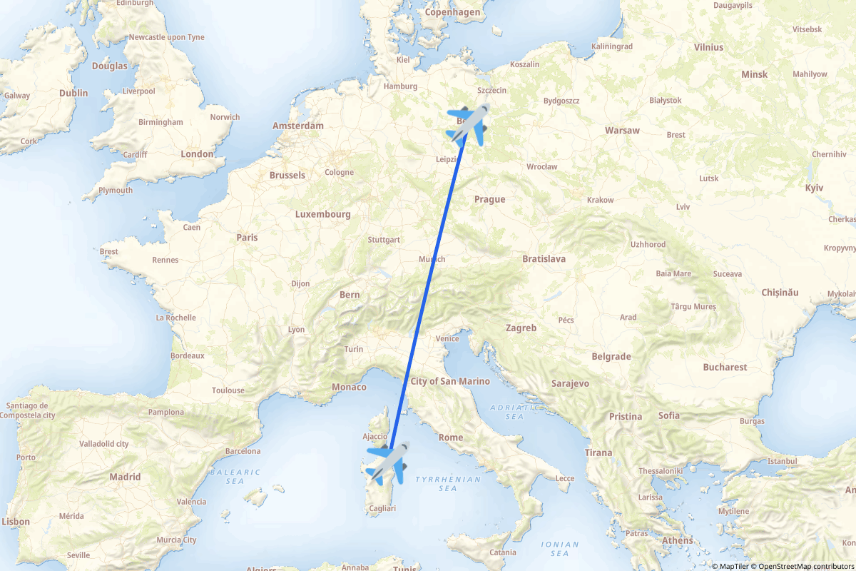 Map of the Berlin to Olbia route