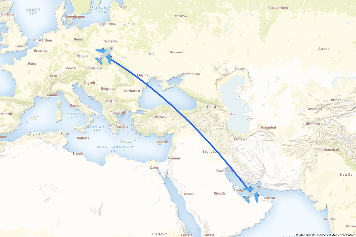 Map of the Abu Dhabi to Balice route