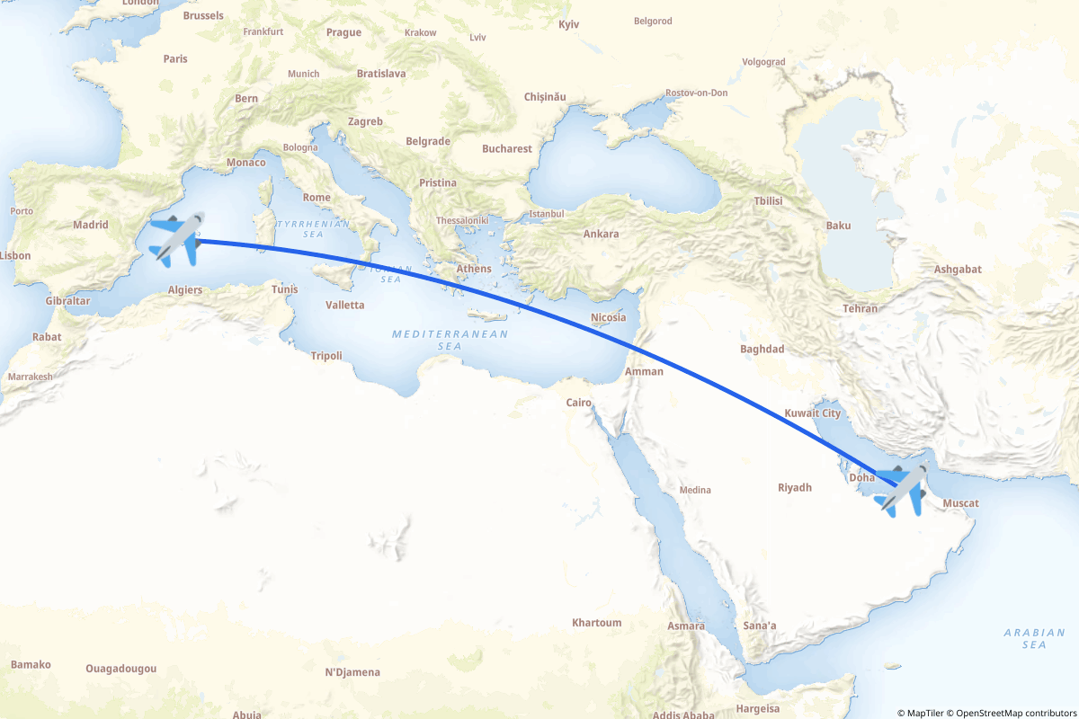 Map of the Abu Dhabi to Palma de Mallorca route
