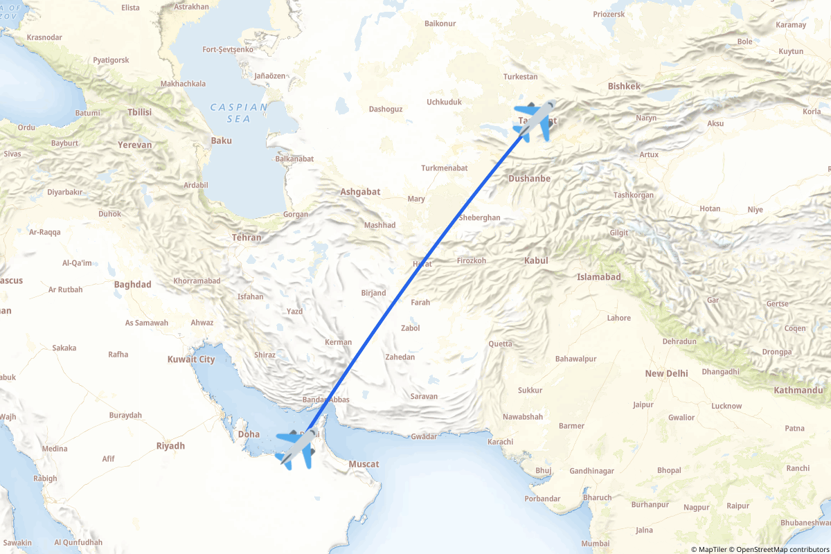 Map of the Abu Dhabi to Tashkent route