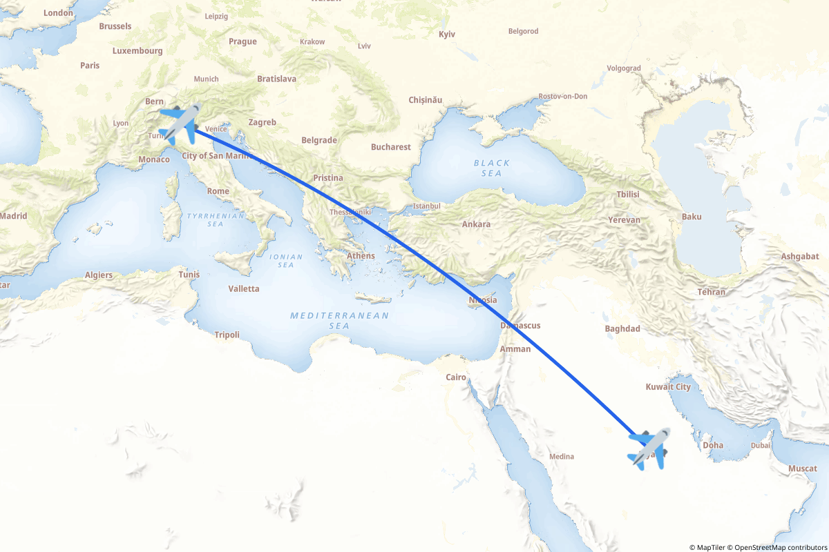 Map of the Riyadh to Orio al Serio route
