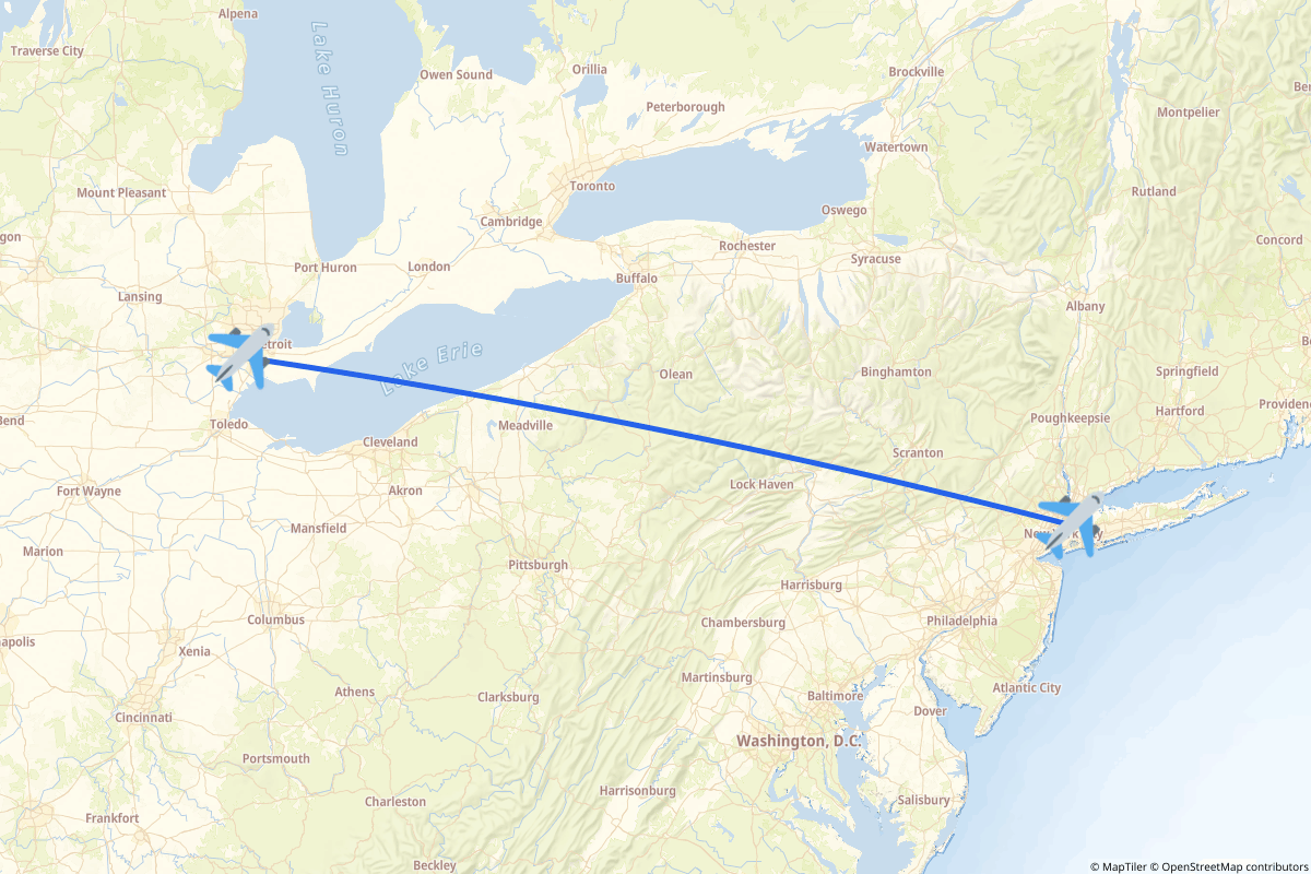 Map of the Detroit to New York route