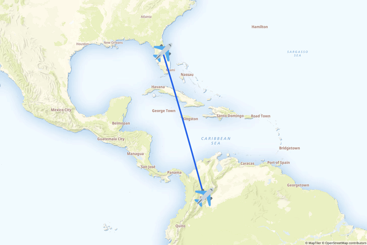 Map of the Orlando to Bogota route