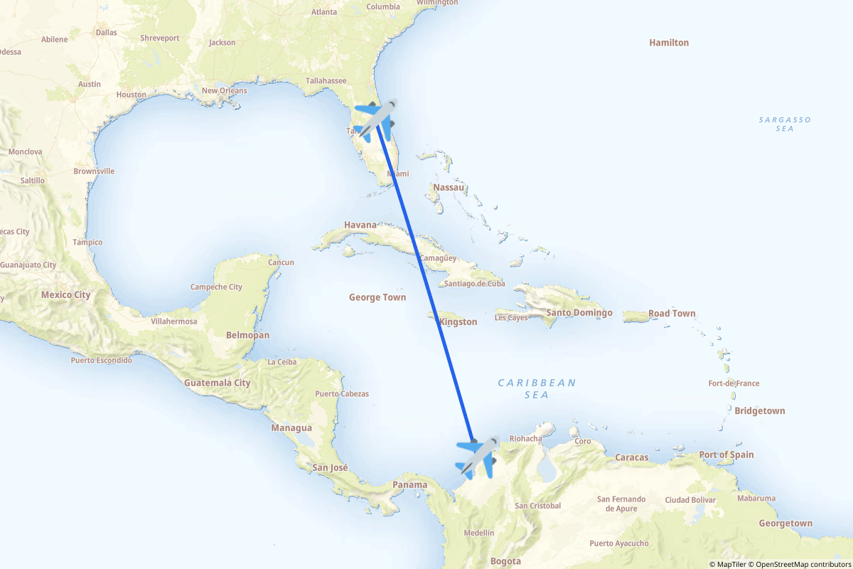 Map of the Orlando to Cartagena route