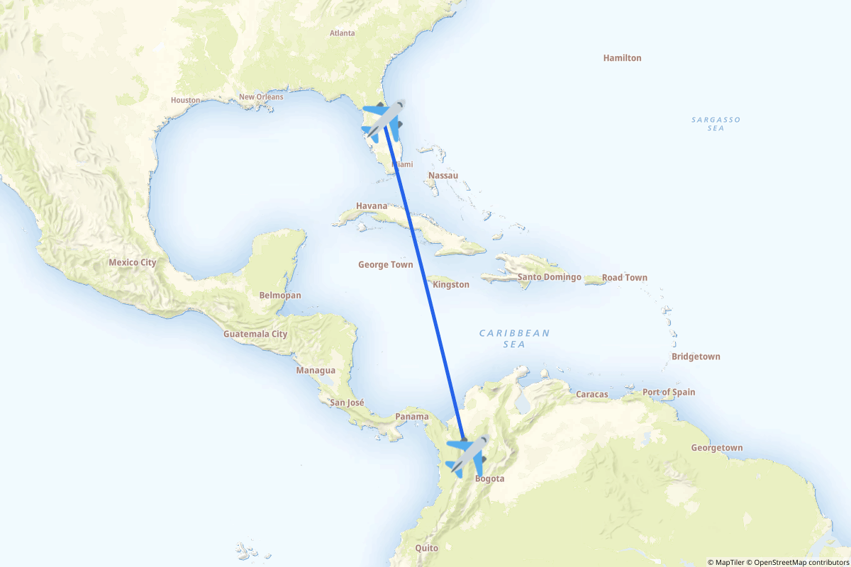 Map of the Orlando to Medellín route