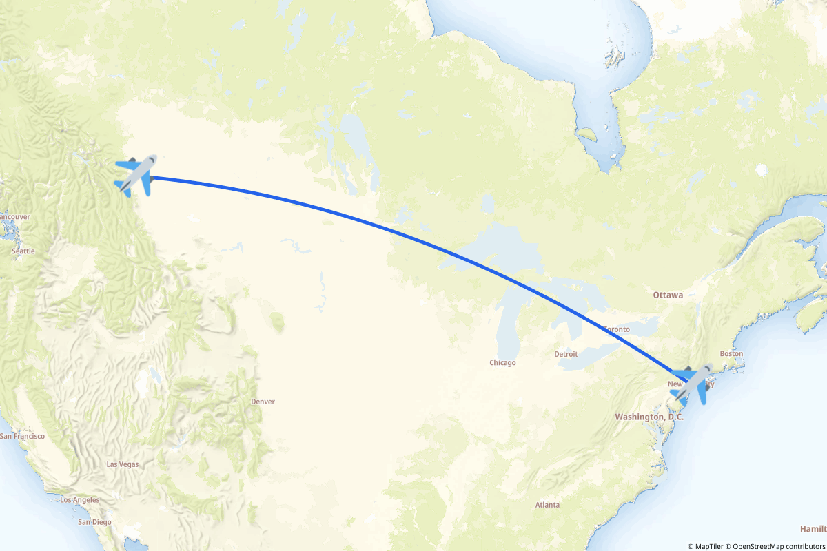 Map of the New York to Calgary route