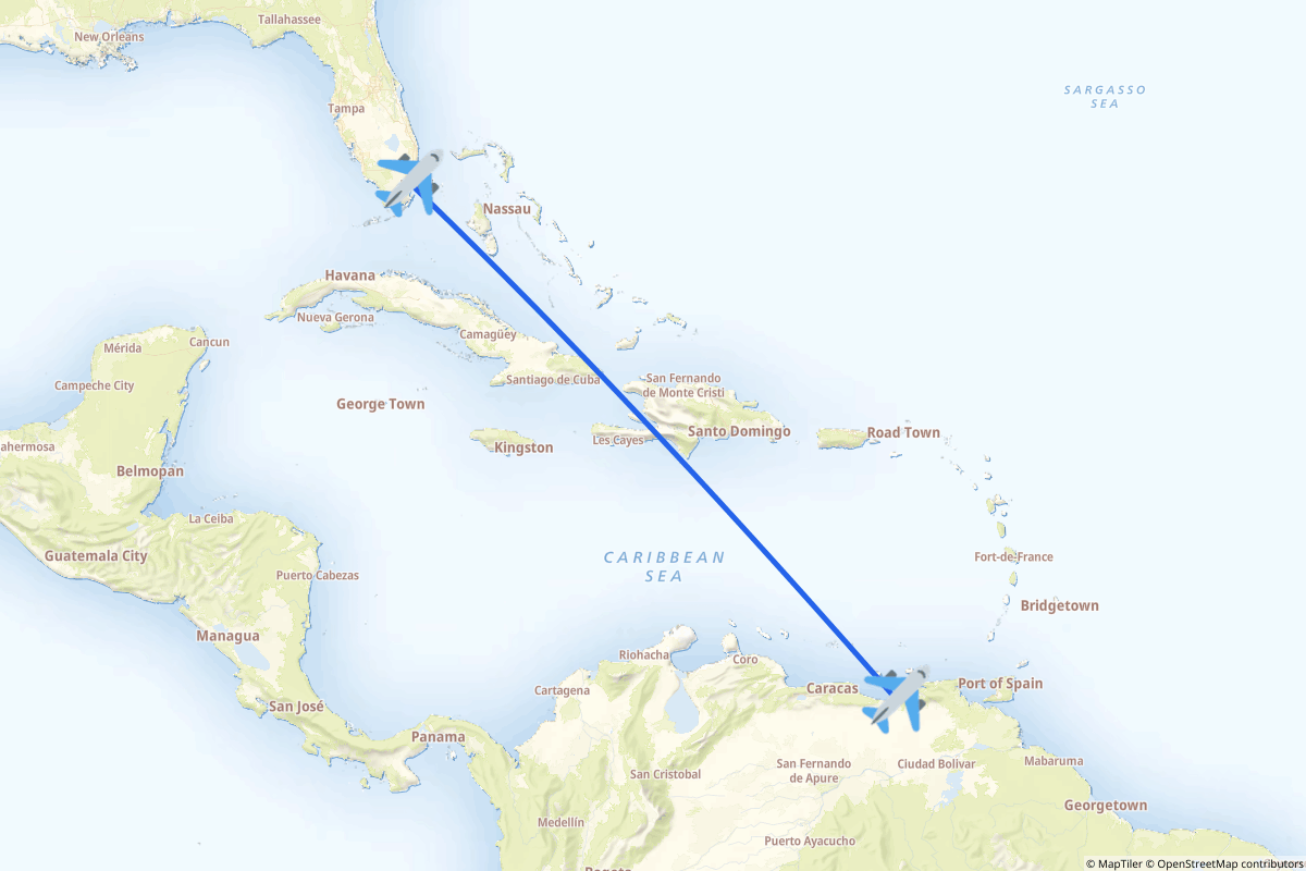 Map of the Miami to Barcelona route