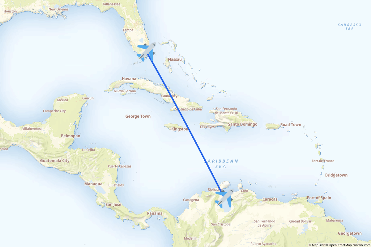 Map of the Miami to Maracaibo route