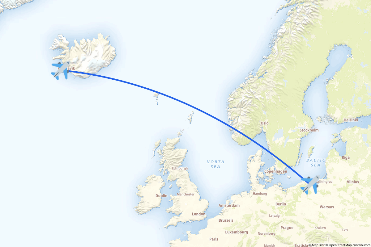 Map of the Reykjavík to Gdańsk route