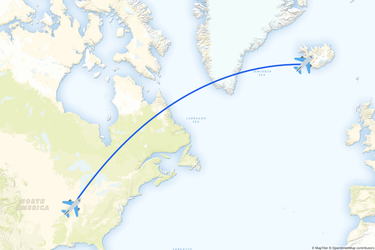 Map of the Reykjavík to St Louis route