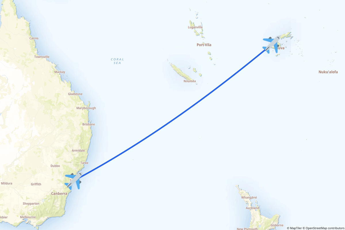 Map of the Sydney (Mascot) to Nadi route