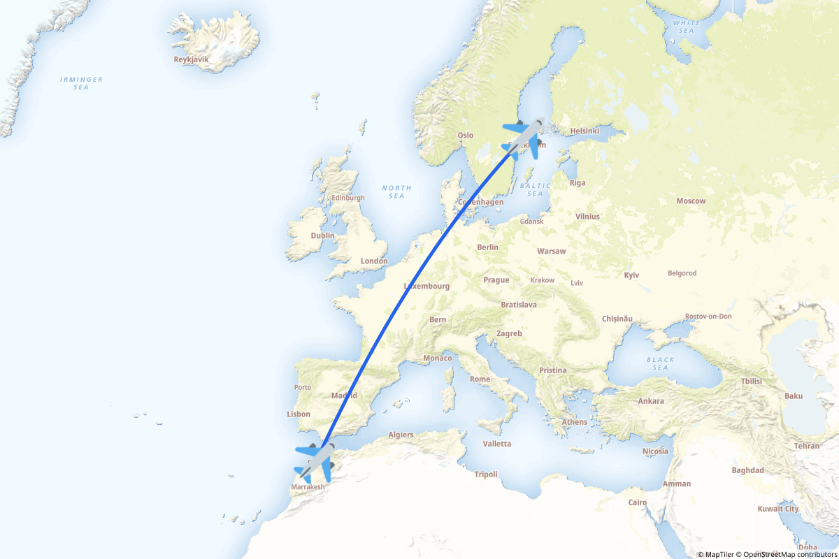 Map of the Stockholm to Rabat route