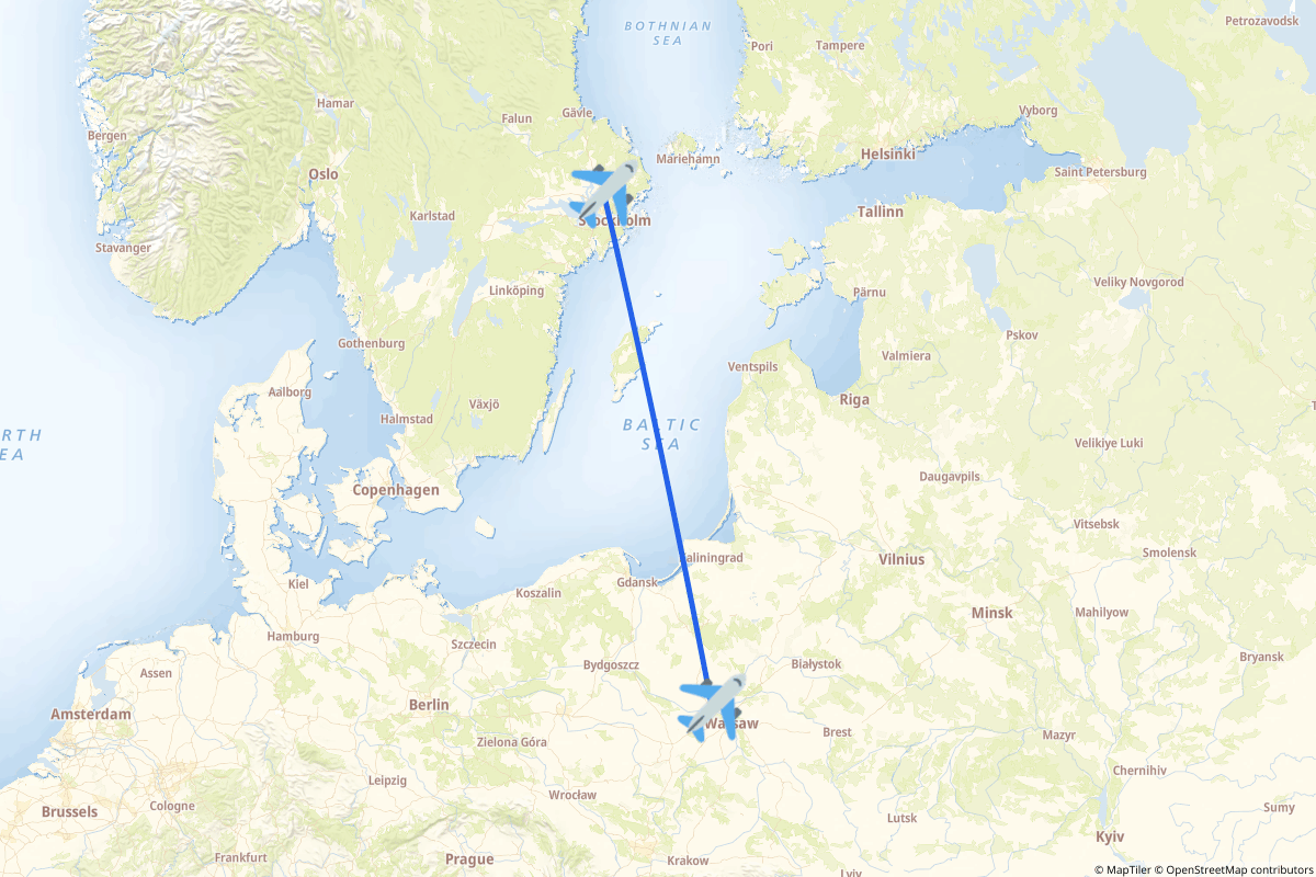 Map of the Stockholm to Nowy Dwór Mazowiecki route