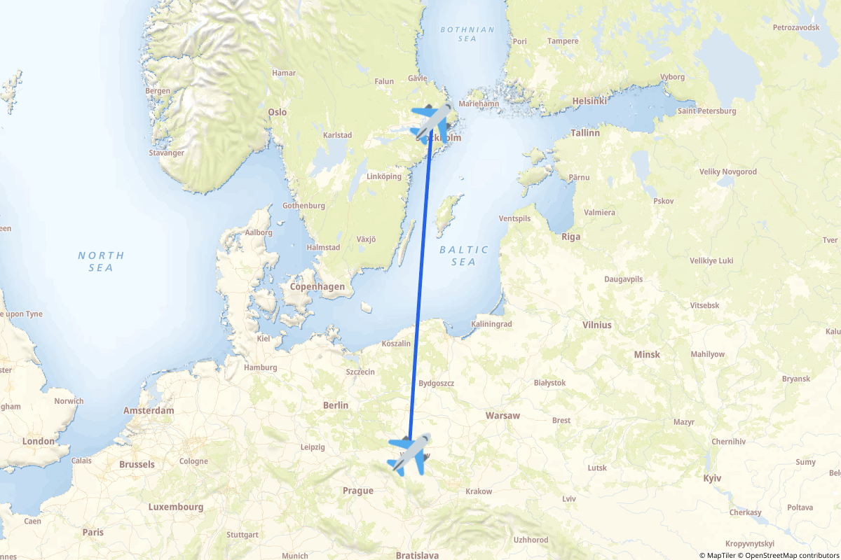 Map of the Stockholm to Wrocław route