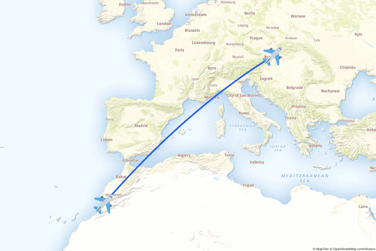 Map of the Bratislava to Agadir (Temsia) route