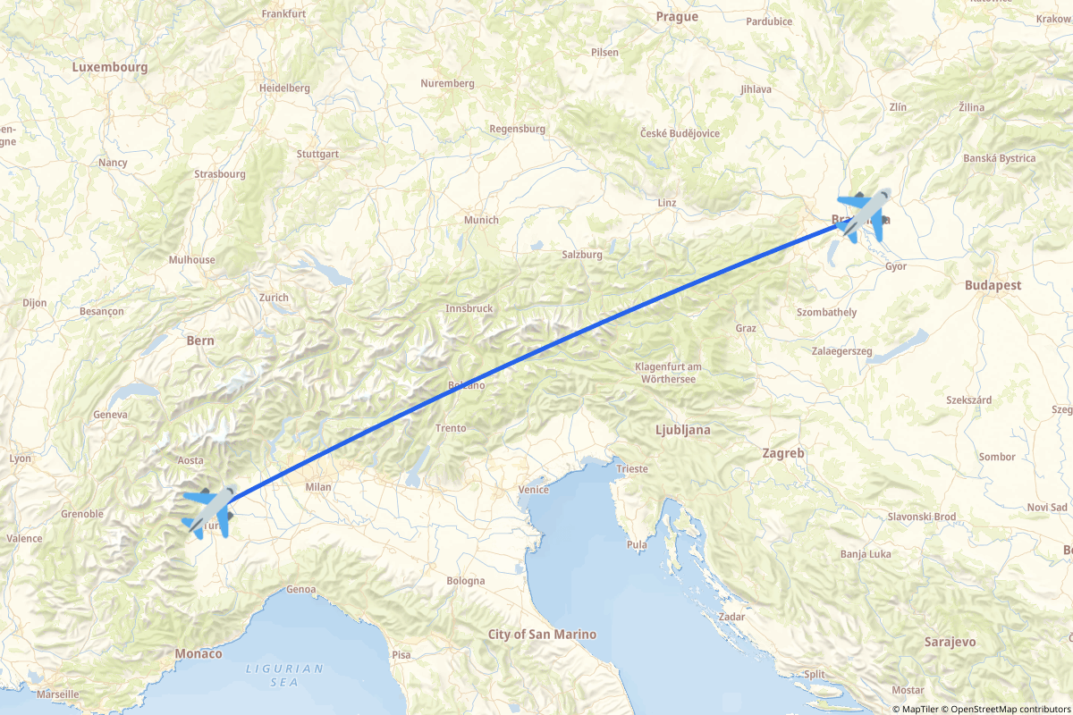 Map of the Bratislava to Caselle Torinese route