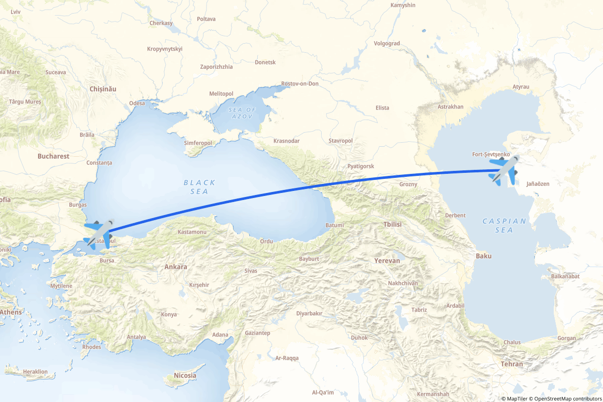 Map of the Aktau to Arnavutköy, Istanbul route