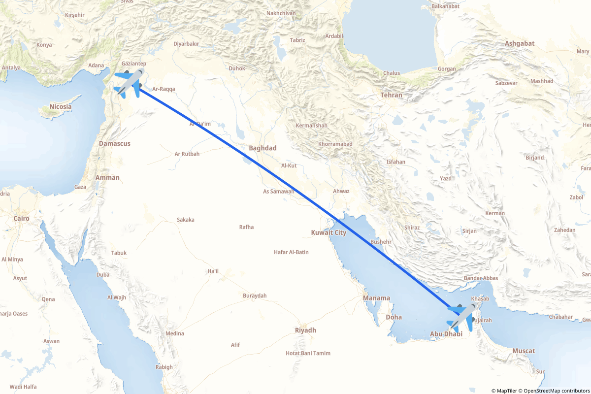 Map of the Dubai to Aleppo route