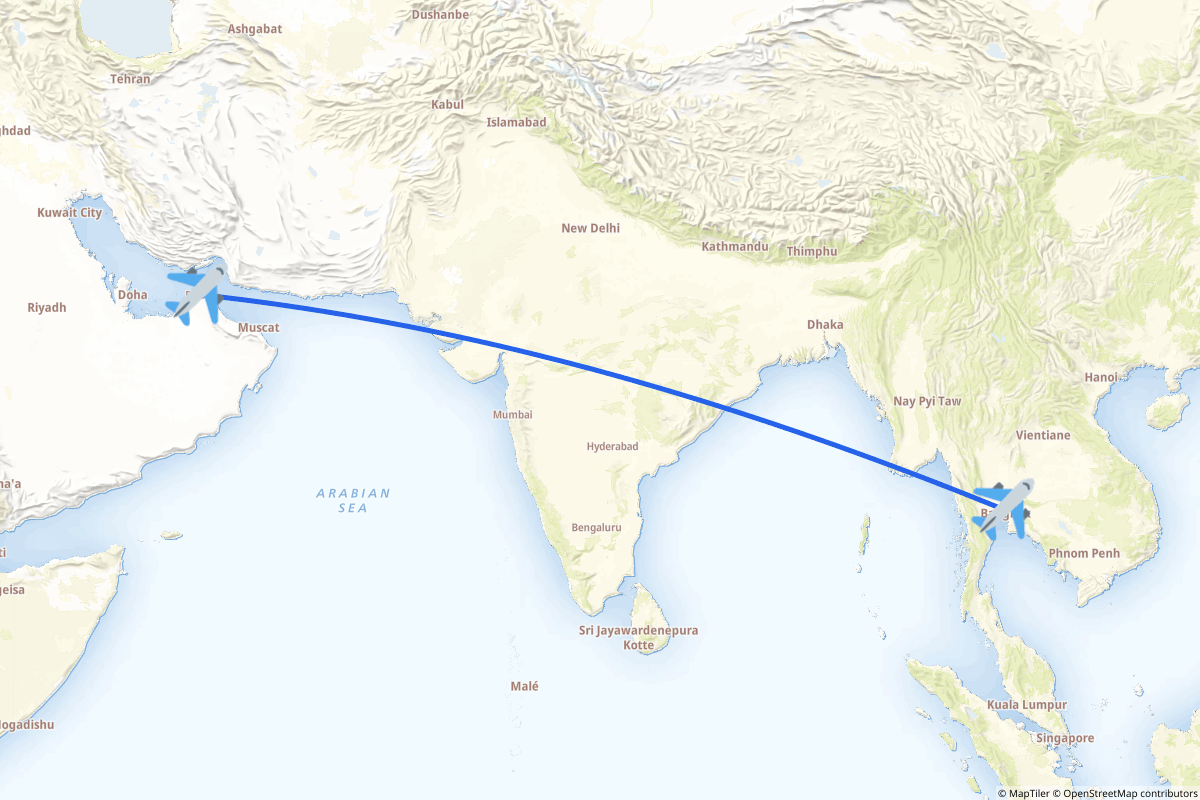 Map of the Dubai to Bangkok route