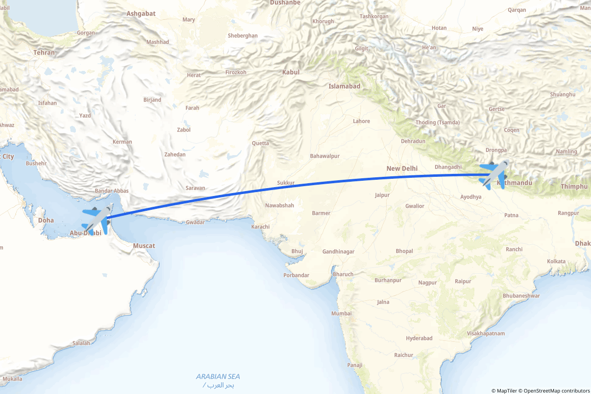 Map of the Dubai to Pokhara route
