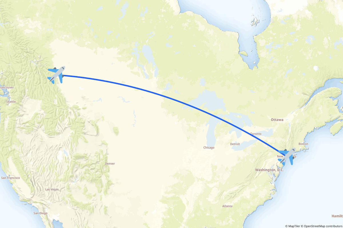 Map of the Black Diamond/Flying R Ranch Airport to New York route