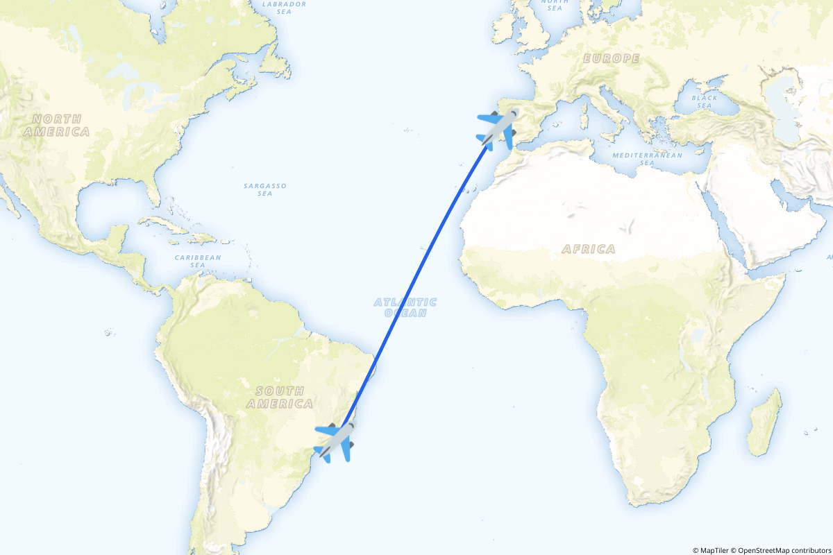 Map of the Rio De Janeiro to Lisbon route