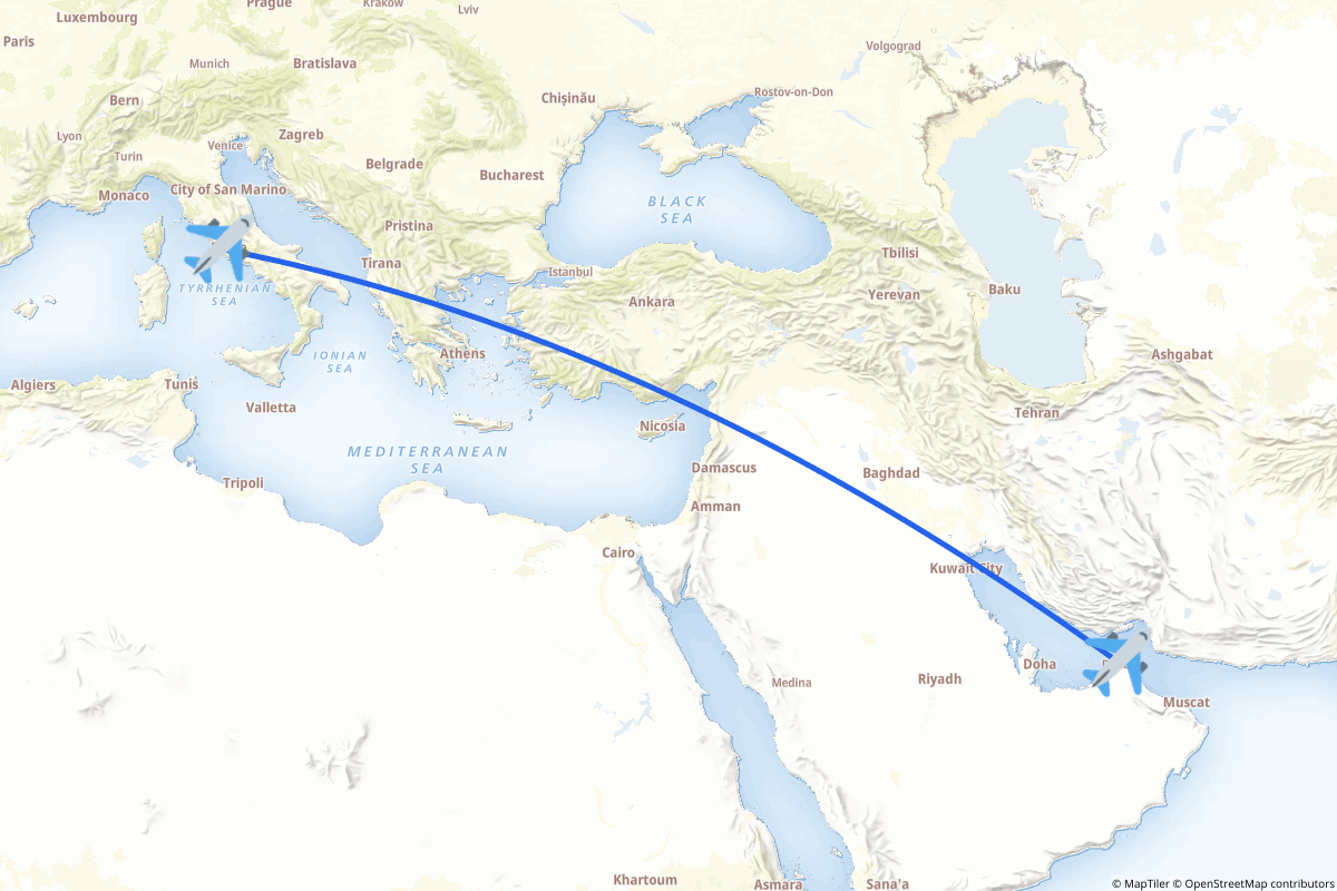 Map of the Sharjah to Rome route