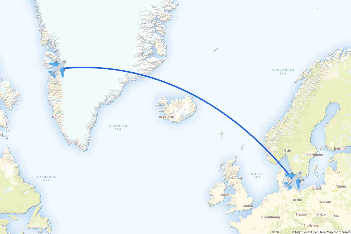 Map of the Ilulissat to Copenhagen route