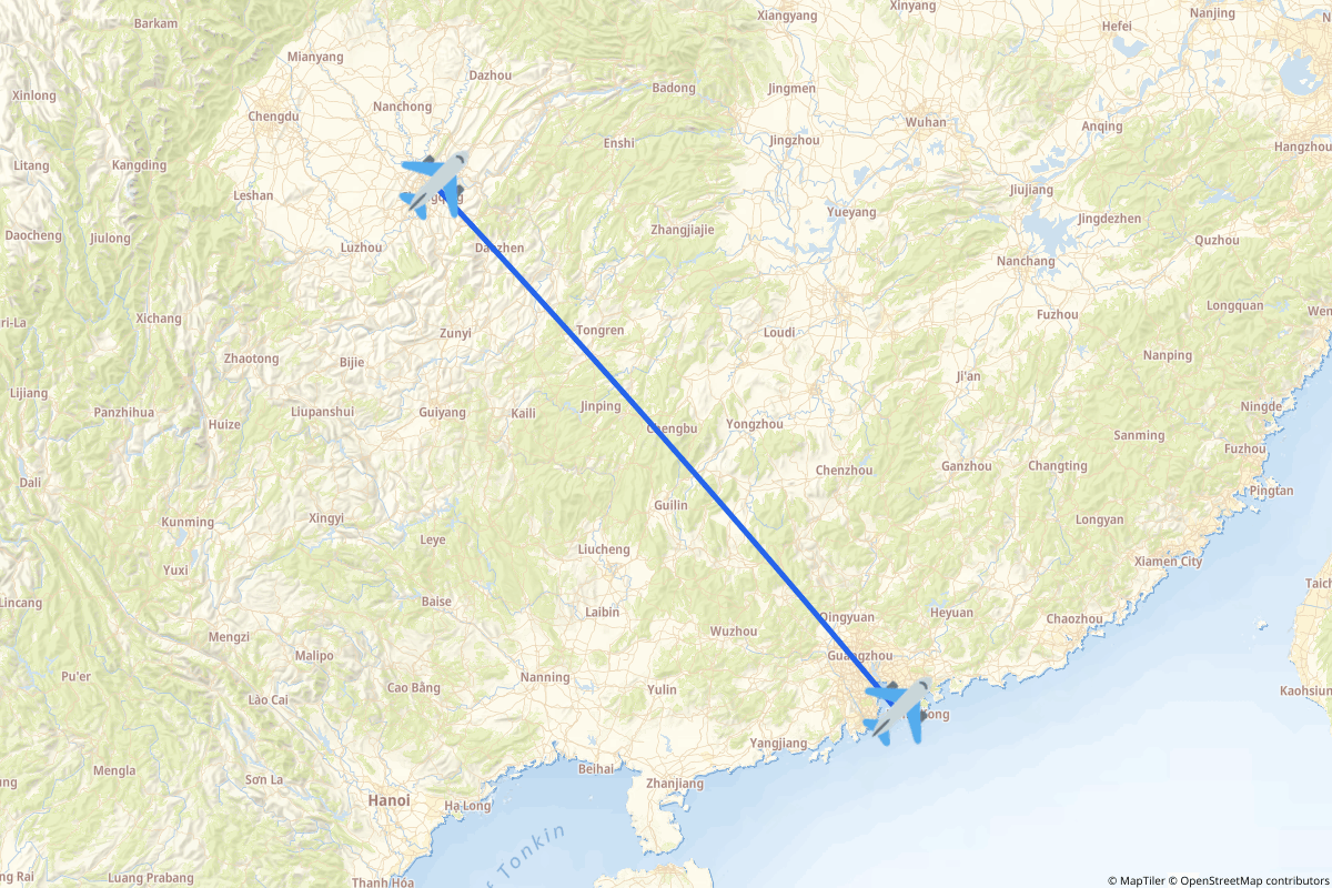 Map of the Hong Kong to Chongqing route