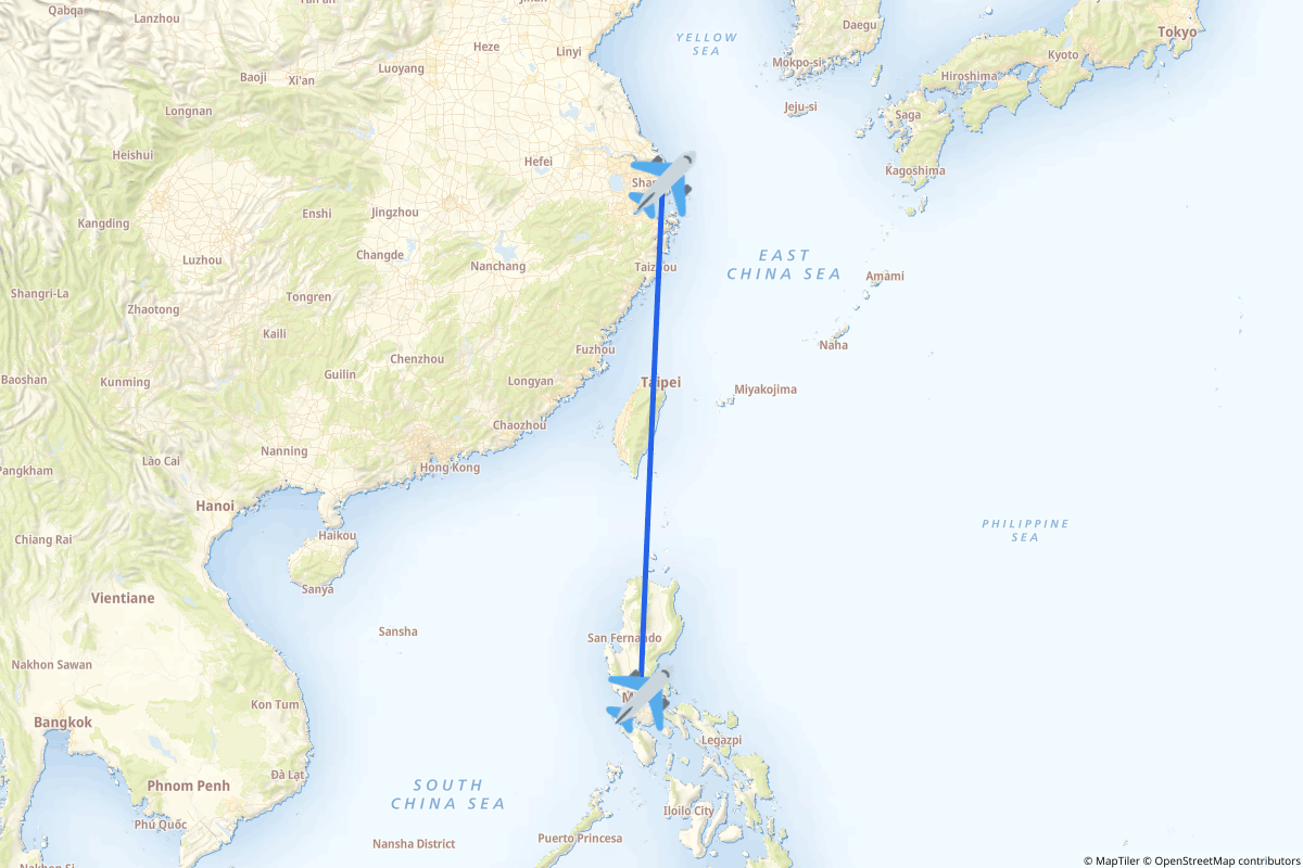 Map of the Shanghai (Pudong) to Manila (Pasay) route